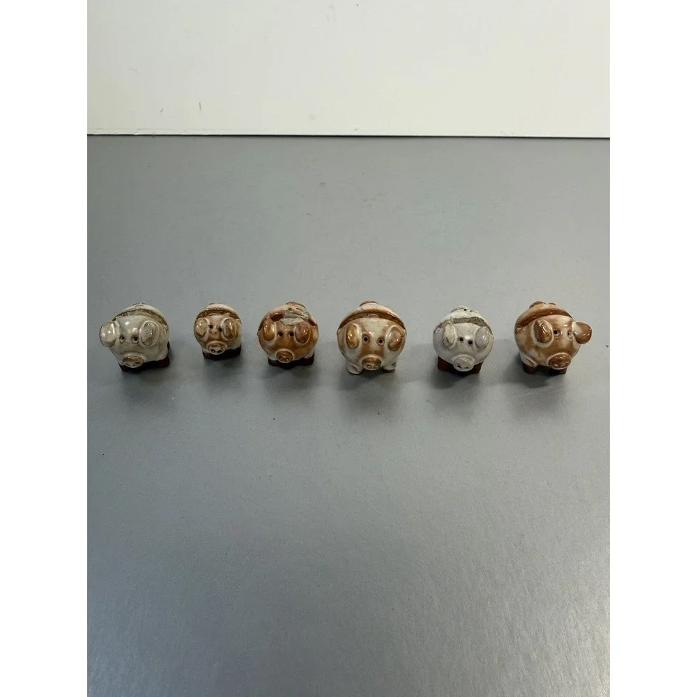 Set of 6 Miniature Studio Pottery Pig Place Card Holders Handmade Farmhouse Art